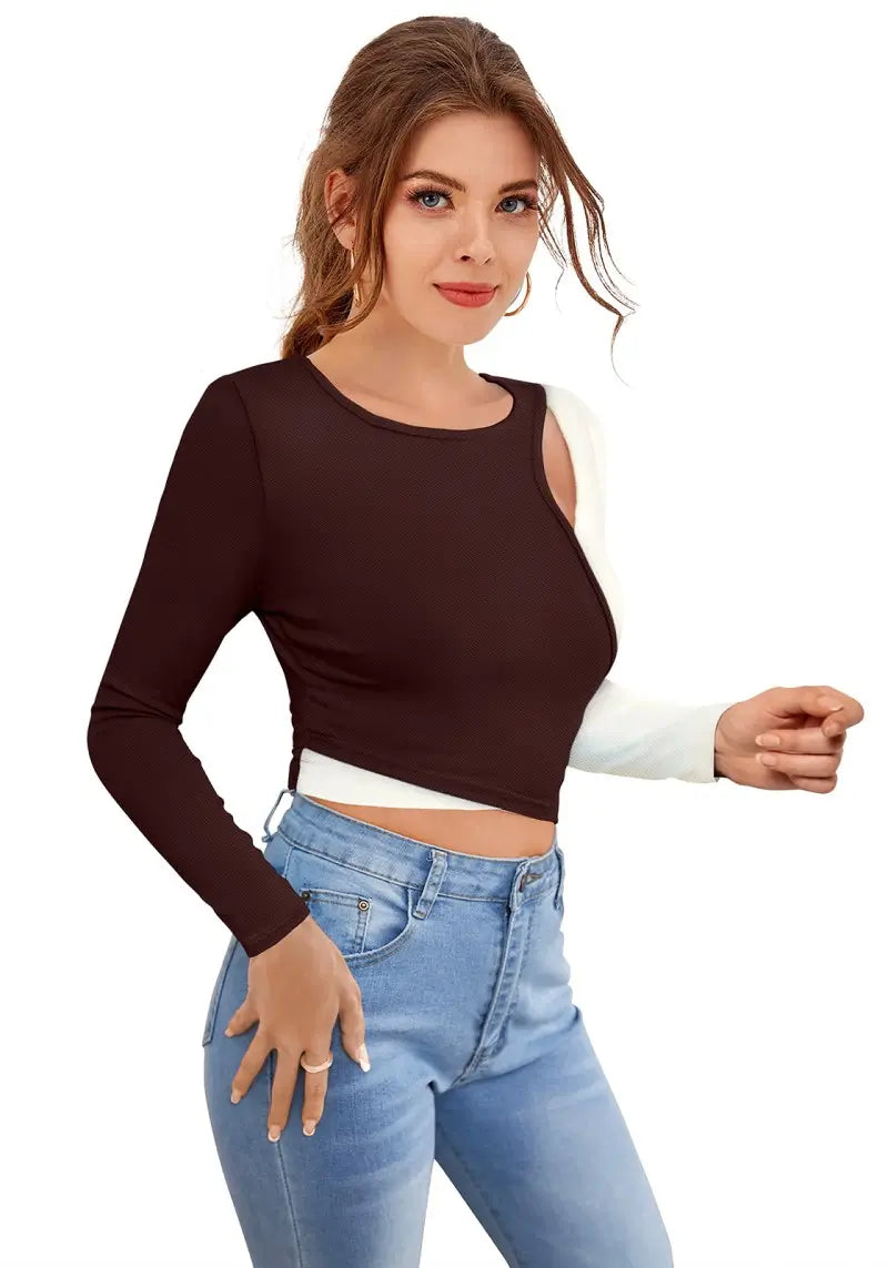 Two Tone Colorblock Keyhole Design Crop Top For Women and Girls