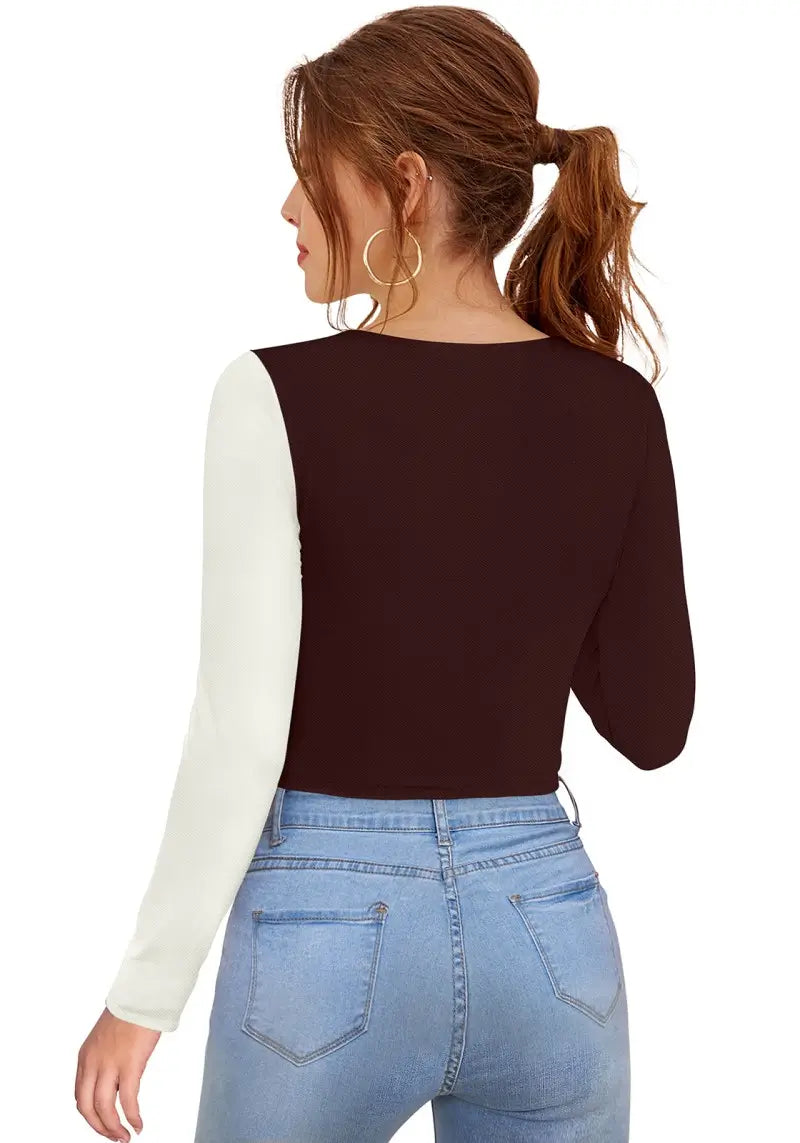 Two Tone Colorblock Keyhole Design Crop Top For Women and Girls