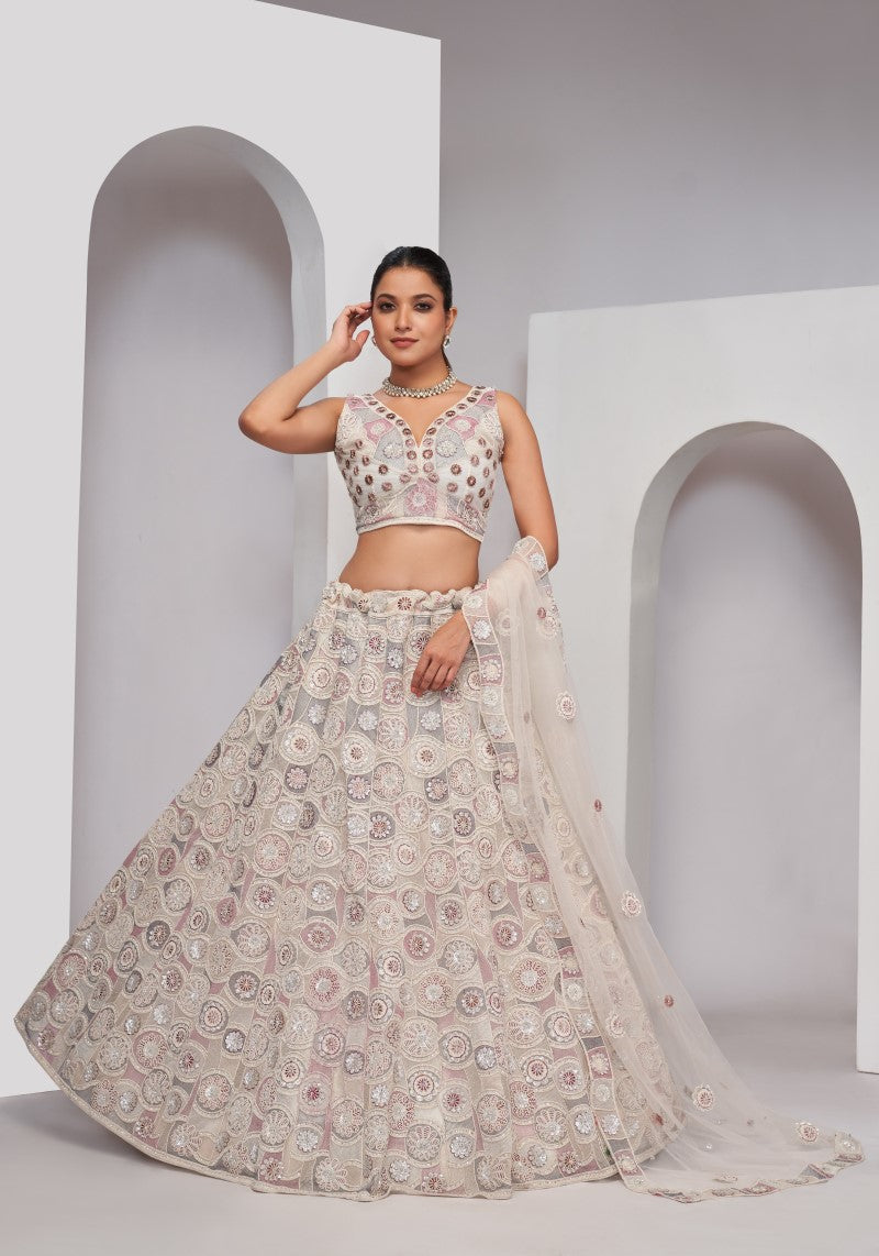 Designer Ivory White Multi Floral Motifs Soft Net Lehenga Choli
