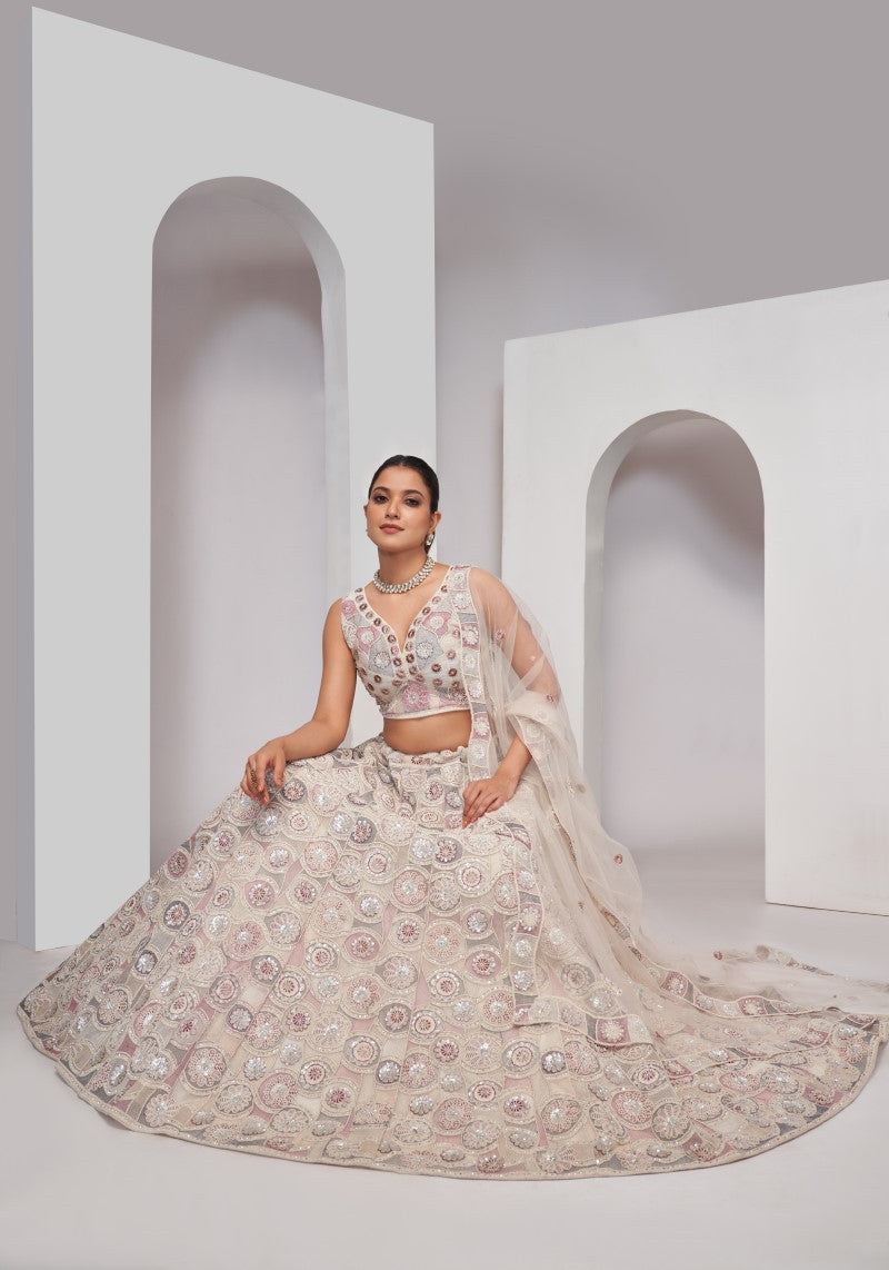 Designer Ivory White Multi Floral Motifs Soft Net Lehenga Choli