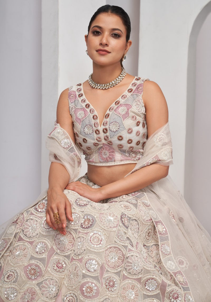 Designer Ivory White Multi Floral Motifs Soft Net Lehenga Choli