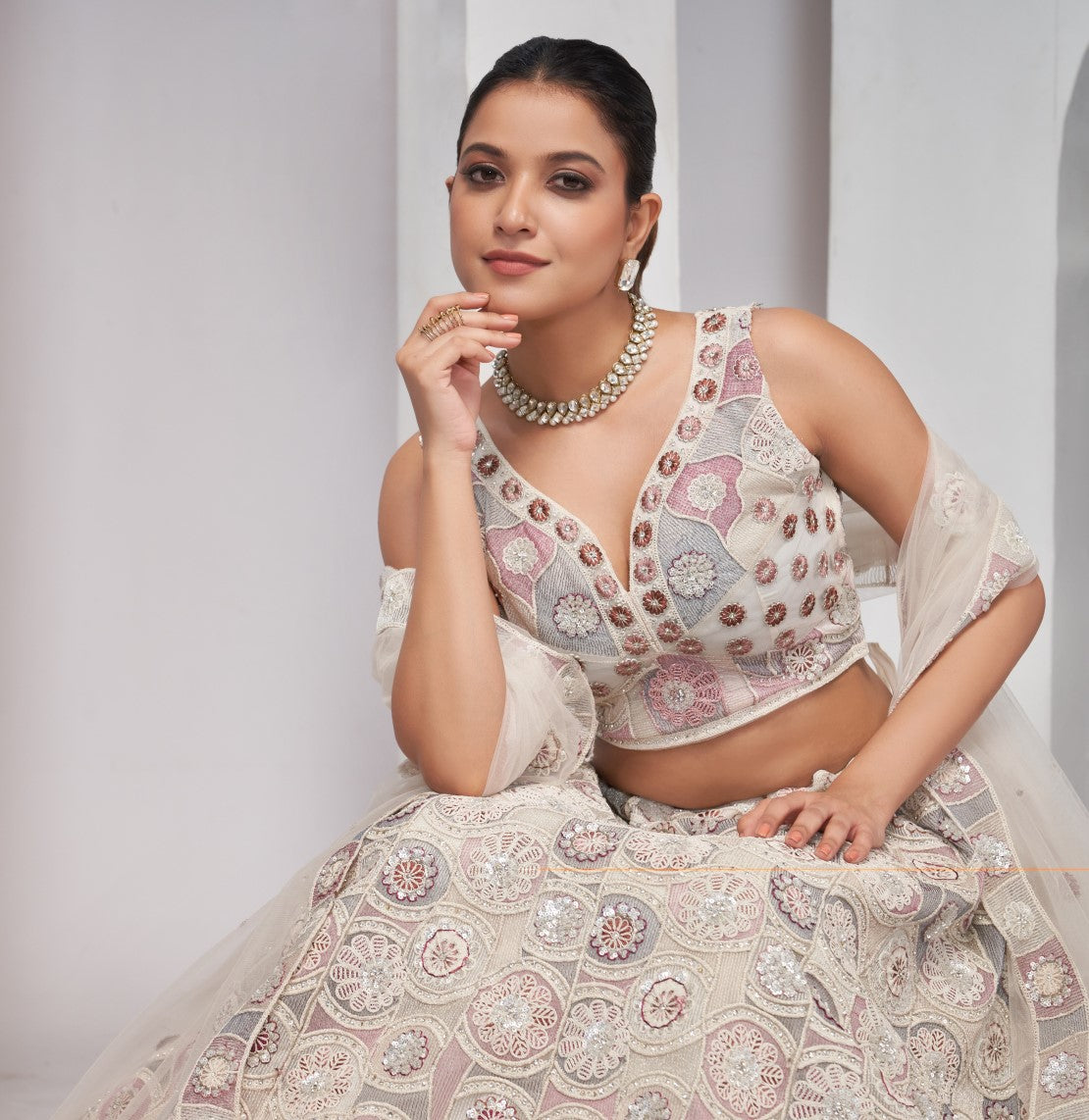 Designer Ivory White Multi Floral Motifs Soft Net Lehenga Choli