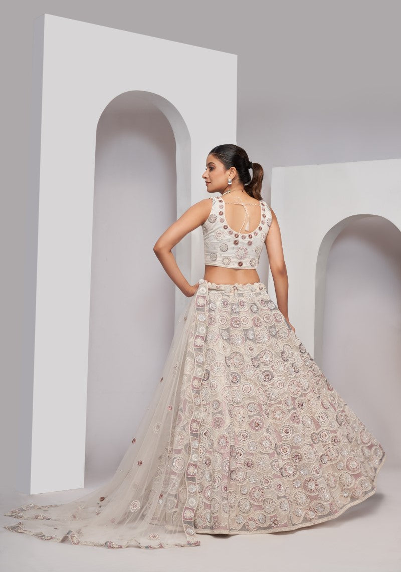 Designer Ivory White Multi Floral Motifs Soft Net Lehenga Choli