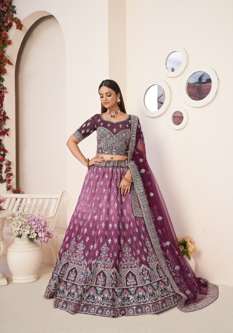 Party Wear Exquisite Wine Sequins Embroidered Lehenga Choli
