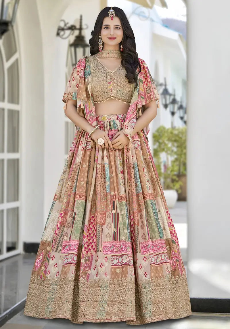 A front view of Model wearing Beige Multicolor Embroidered Lehenga Set with printed chinnon silk and zari-dori detailing.