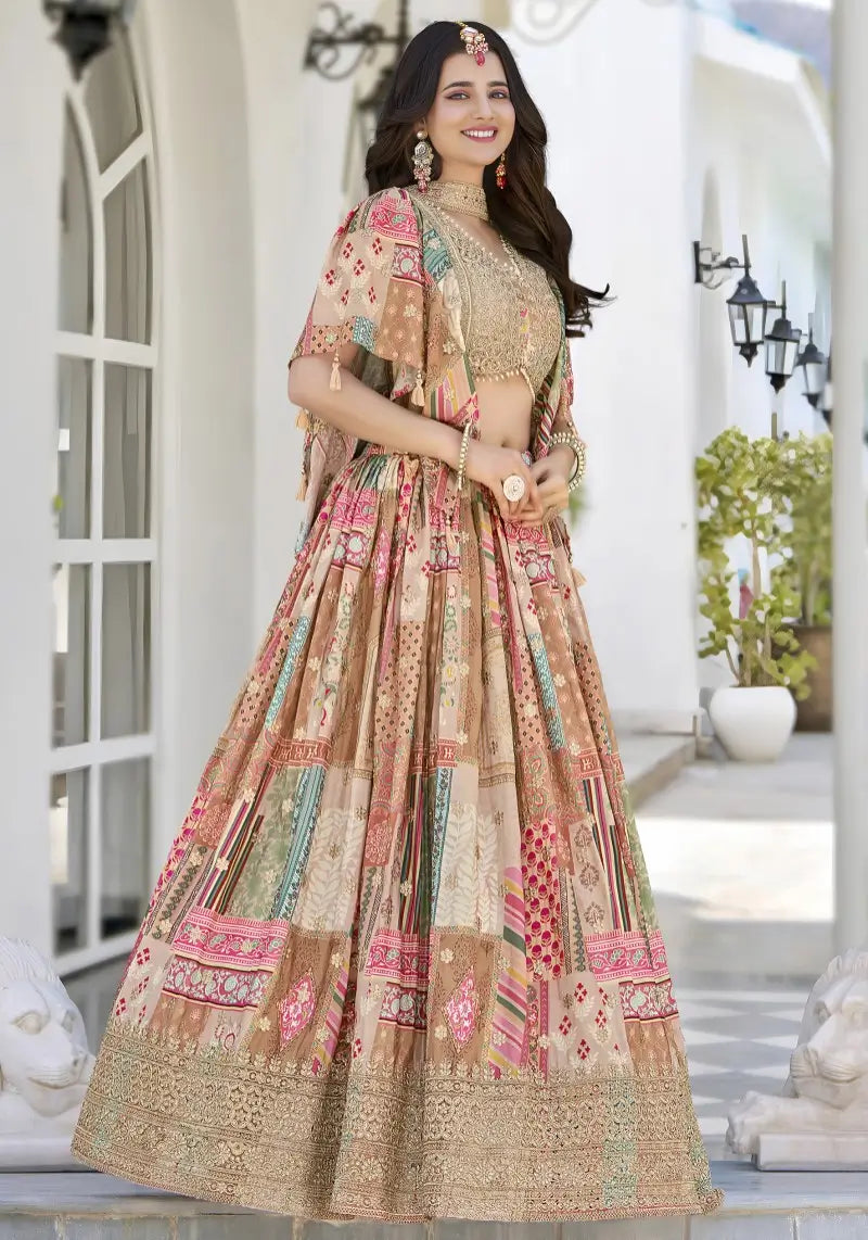 Right side pose of model showcasing flowy silhouette of multicolor printed chinnon silk lehenga with embroidered blouse
