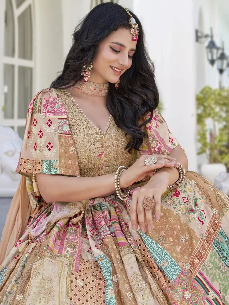 Close-up of model draped in Beige Multicolor Lehenga Set showing embroidery and pearl-dangling blouse details