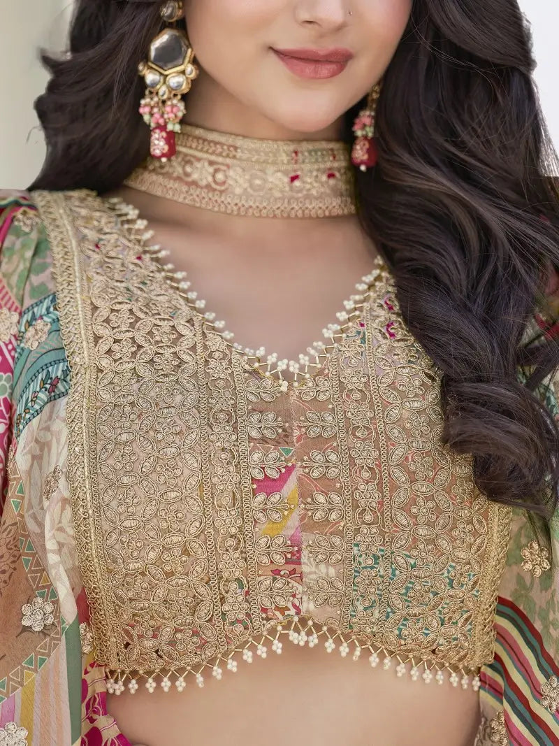 Detailed close-up of zari and dori embroidery on sheer-patterned chinnon silk blouse with scalloped hem