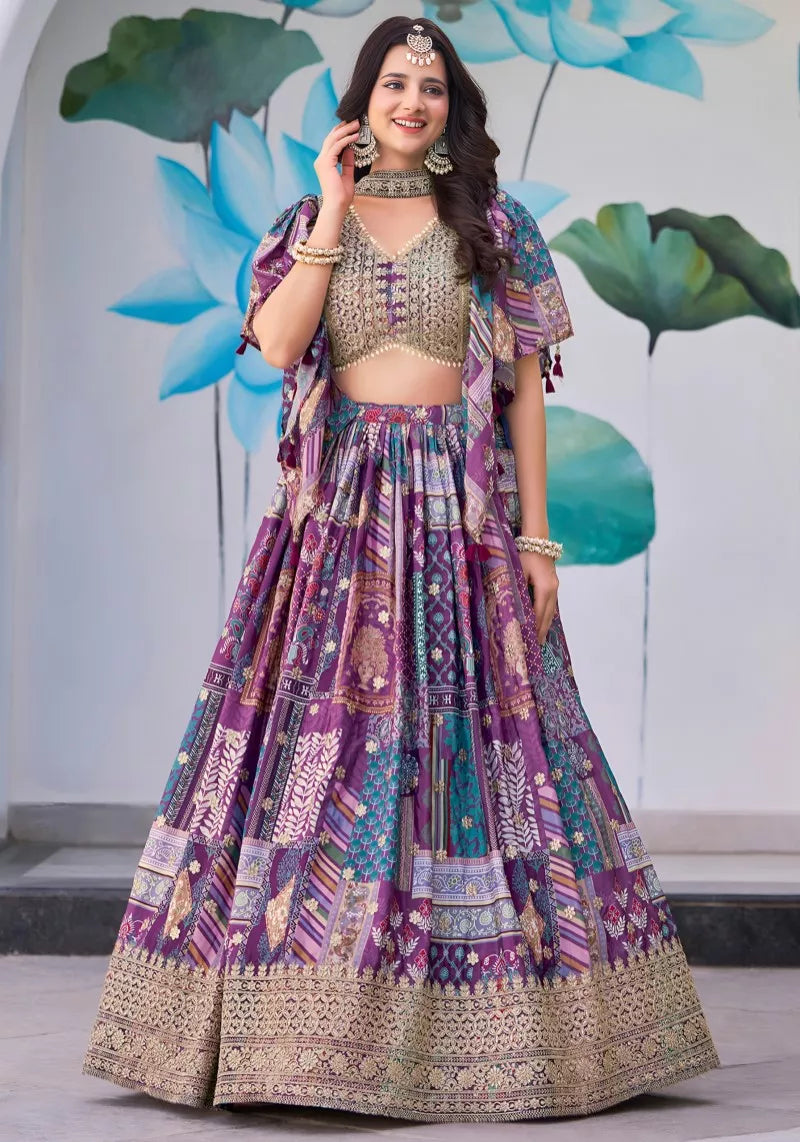 Stunning Purple Chinnon Silk Lehenga Set with Zari Embroidery