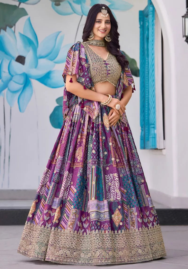 Stunning Purple Chinnon Silk Lehenga Set with Zari Embroidery