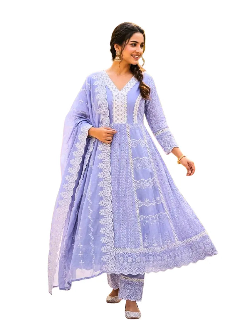 Lavender Grace Schiffli Embroidered Anarkali Suit Set with Dupatta