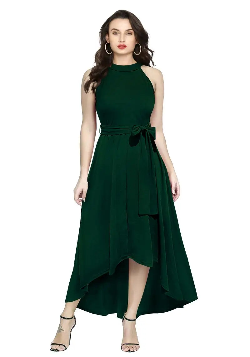 Front view of Women's One Piece Western Wear, A-line high-low pattern, green color, 35-inch front length.