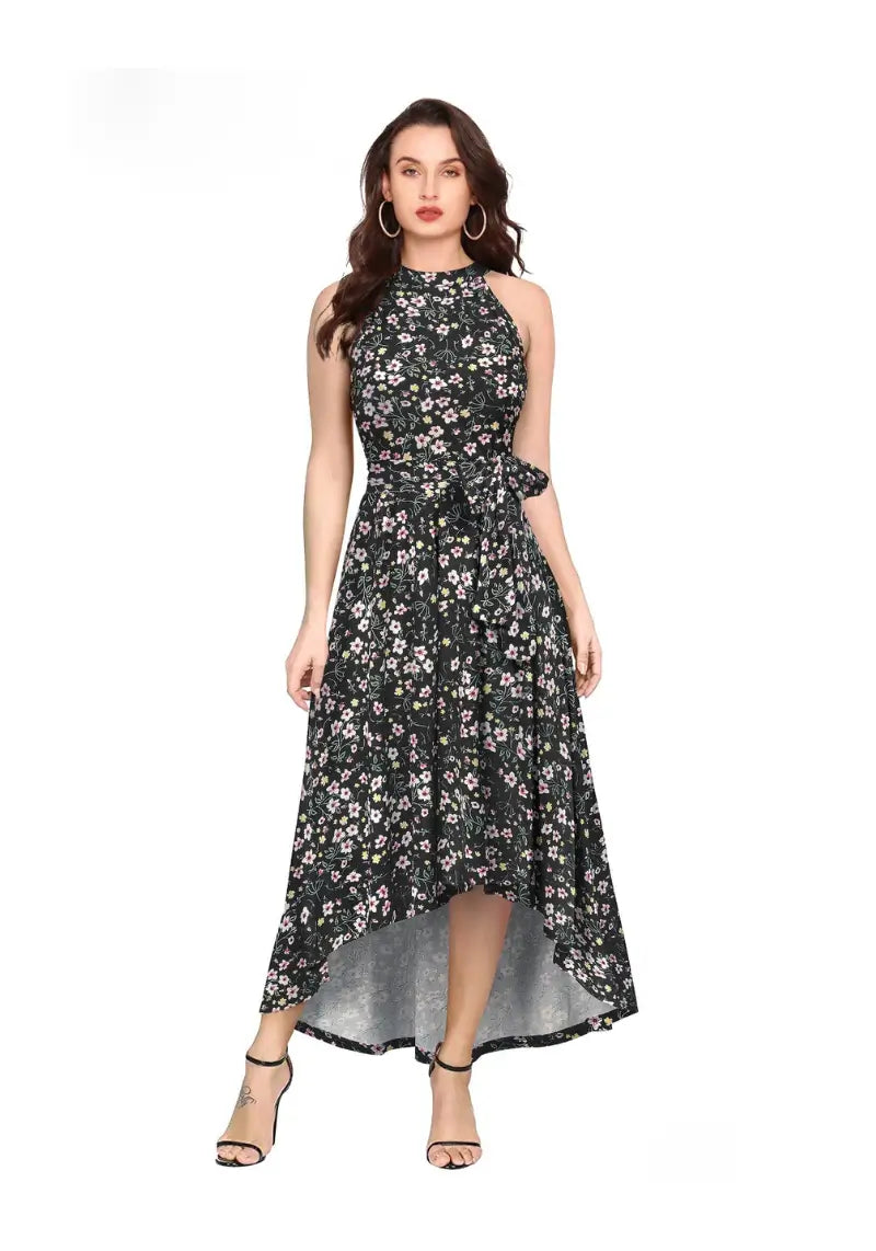 Black Floral Printed Halter Neck One Piece Dress