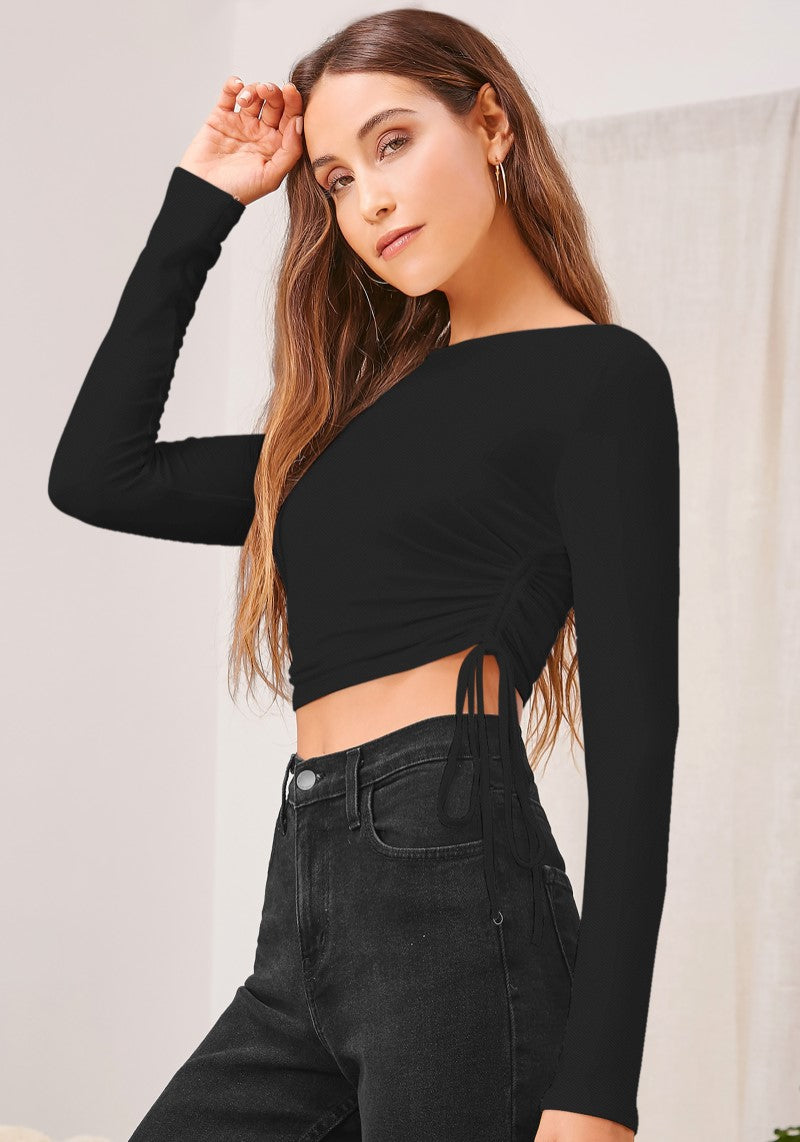 Side profile of ruched drawstring black crop top with full sleeves
