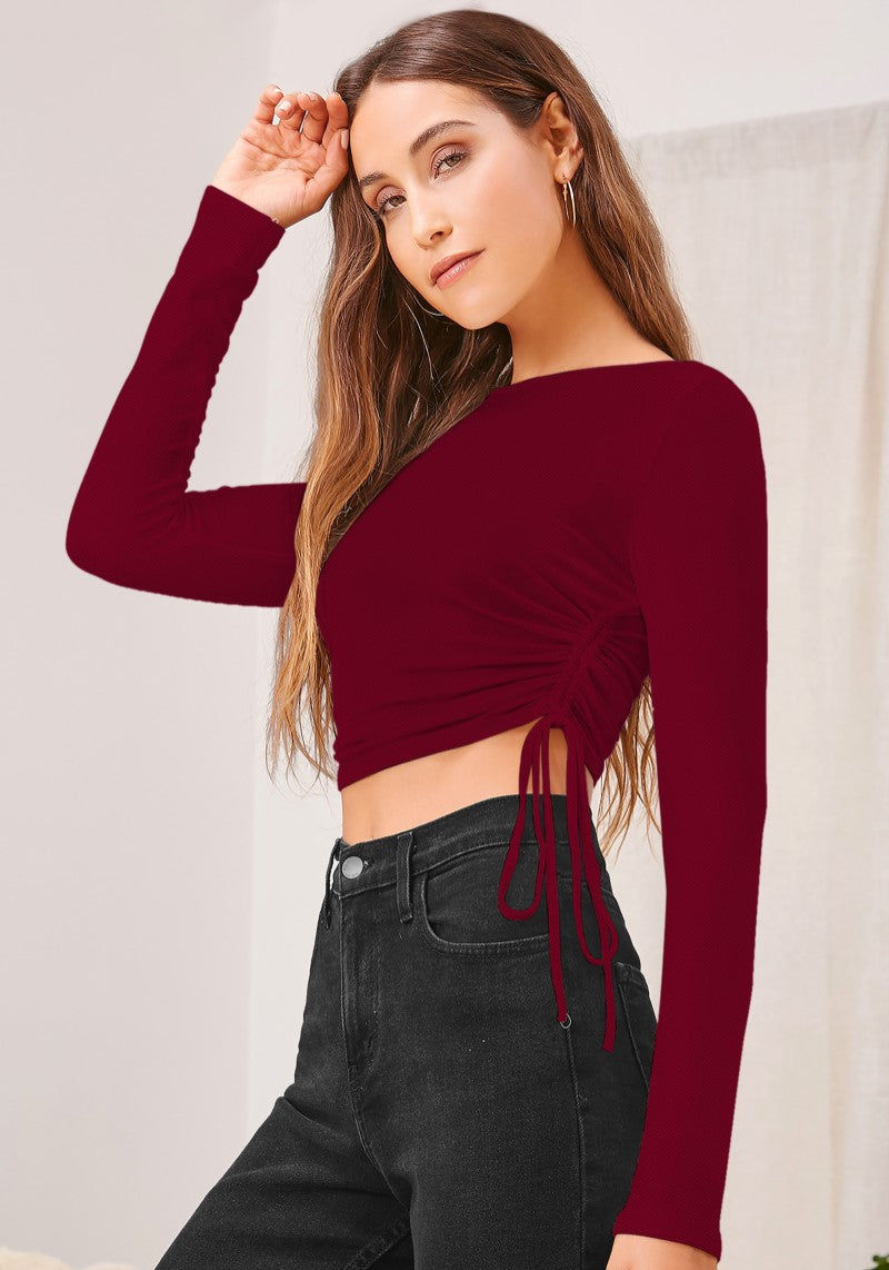 Chic Maroon Ruched Drawstring Long Sleeve Crop Top