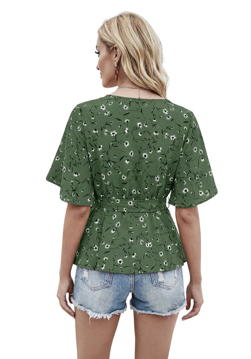 Floral Charm Printed Ruby Cotton Peplum Top