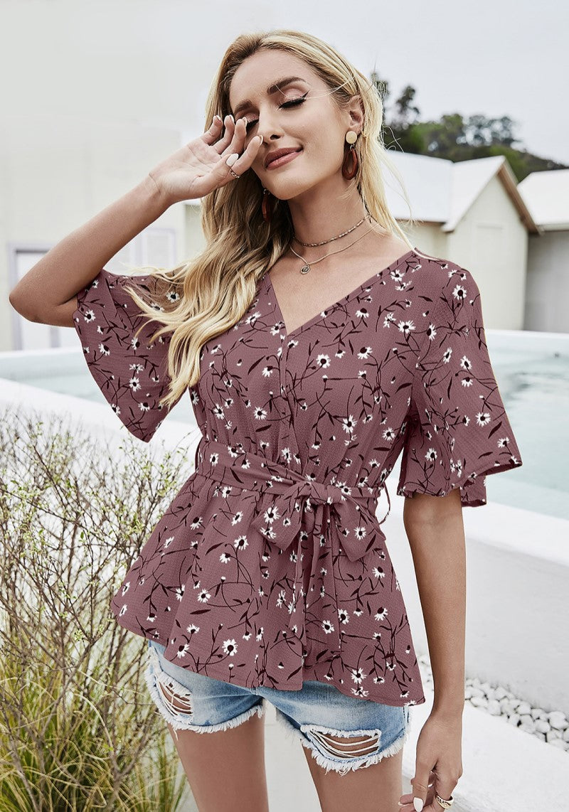 Floral Charm Printed Ruby Cotton Peplum Top