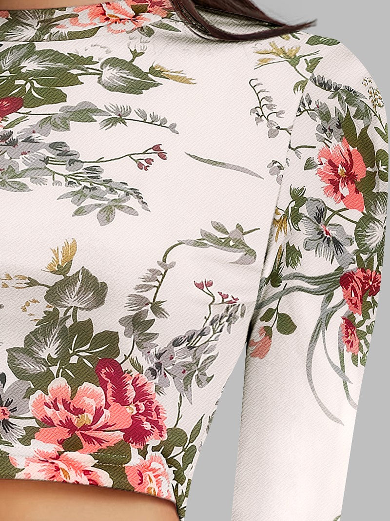 Close up of the model wearing Snazzyhunt Trendy Floral Crop Top in Pearl White