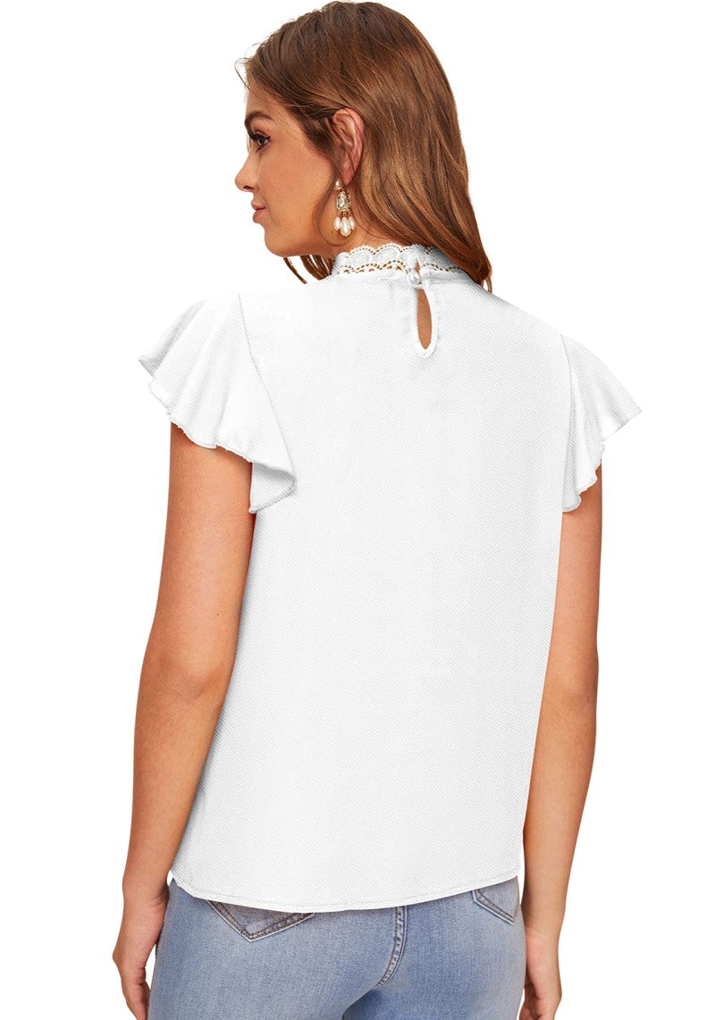 White Floral Mesh Neck Printed Ruffle Sleeve Top