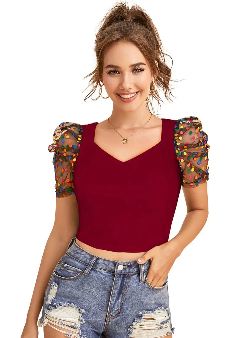 Maroon Polka-Dot Print Net Sleeves Top