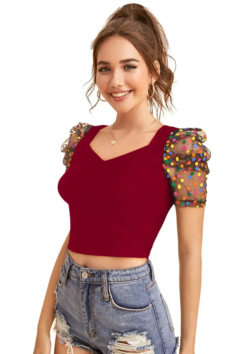 Maroon Polka-Dot Print Net Sleeves Top