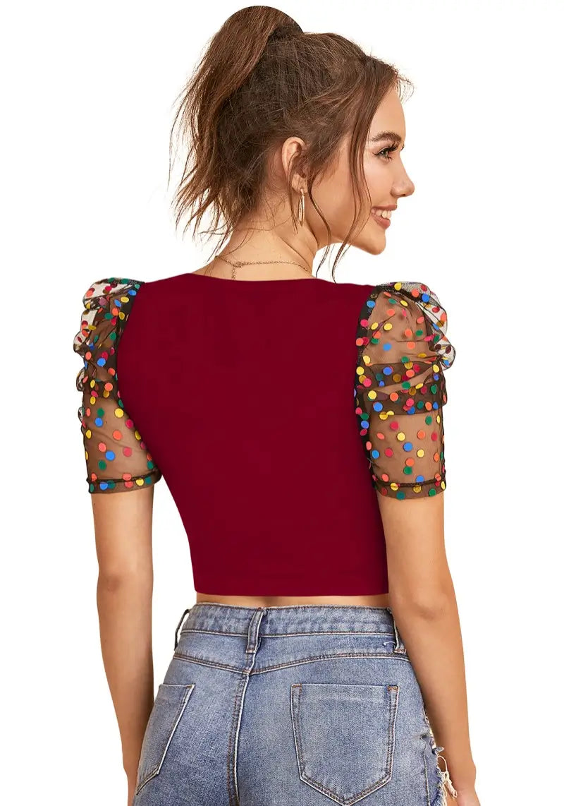 Maroon Polka-Dot Print Net Sleeves Top
