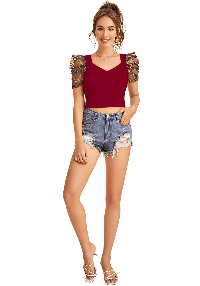 Maroon Polka-Dot Print Net Sleeves Top