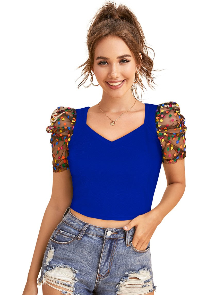 Royal Blue Polka-Dot Print Net Sleeves Top