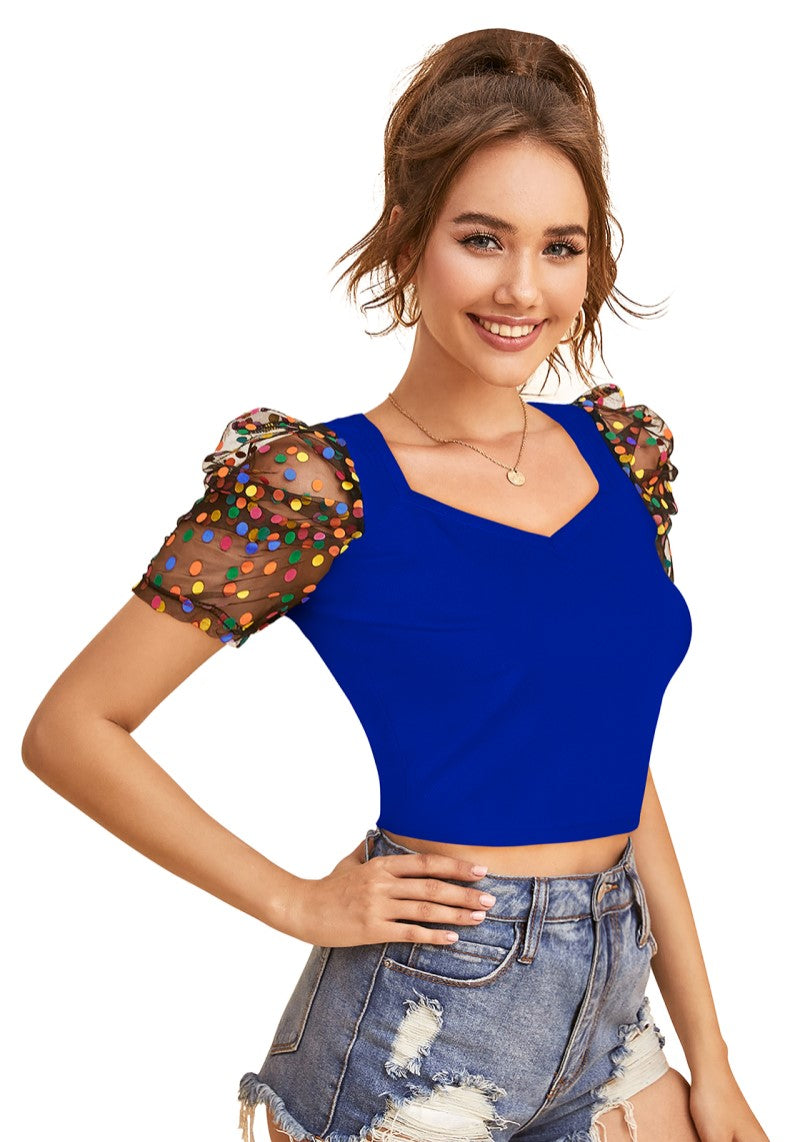 Royal Blue Polka-Dot Print Net Sleeves Top