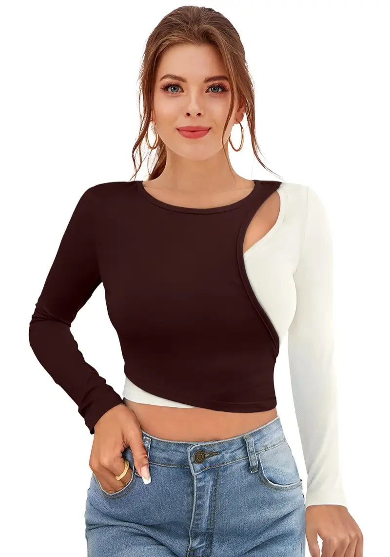 Two Tone Colorblock Keyhole Design Crop Top For Women and Girls