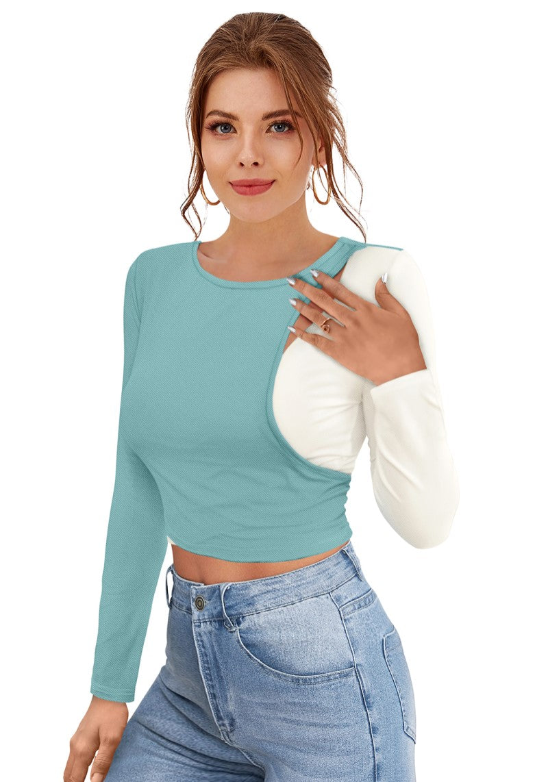Women's Colorblock Keyhole Design Full Sleeves Crop Top