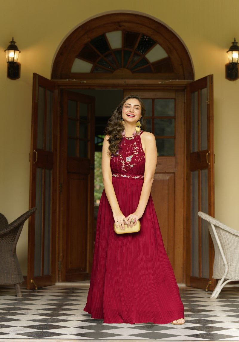 Party Wear Halter Neck Western One Piece Belted Dress