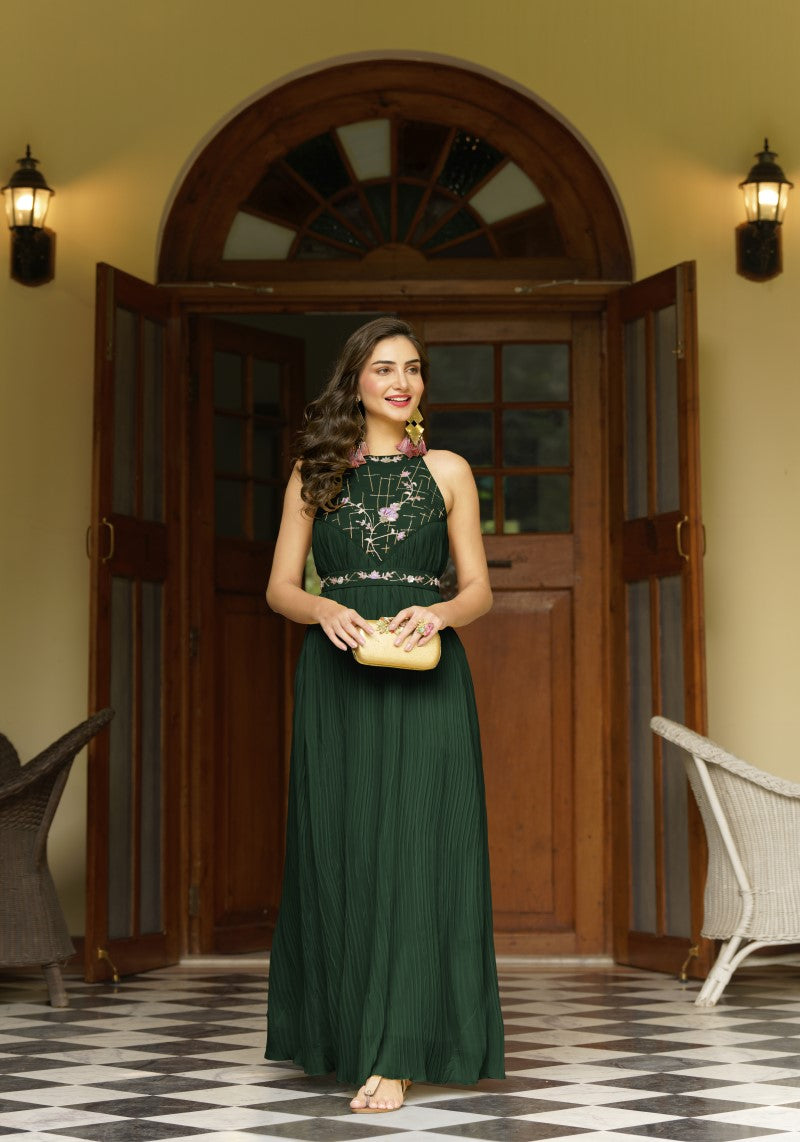 Western One Piece Belted Green Dress