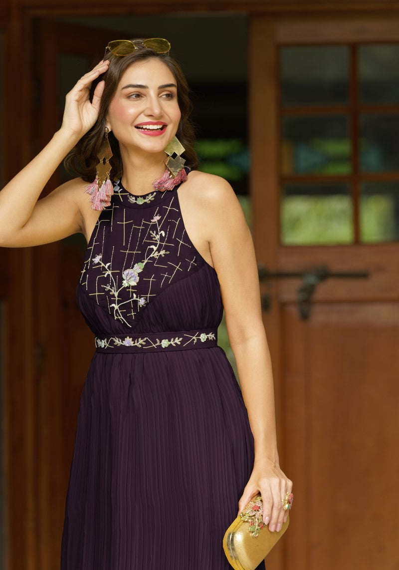 Party Wear Purple Halter Neck Western One Piece Dress