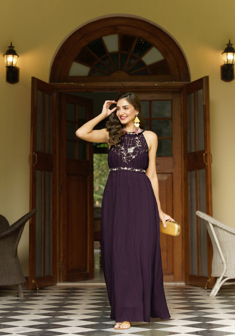 Party Wear Purple Halter Neck Western One Piece Dress
