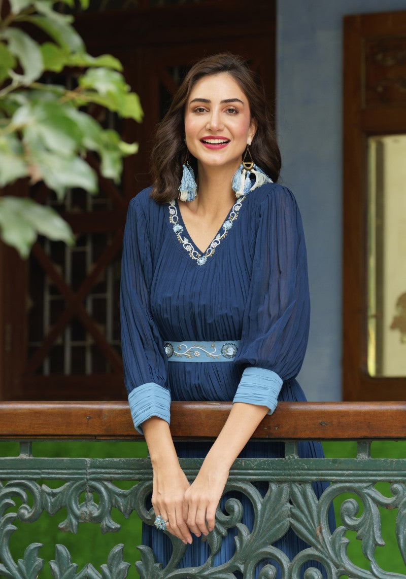 Shaded Georgette Blue Dress Close View