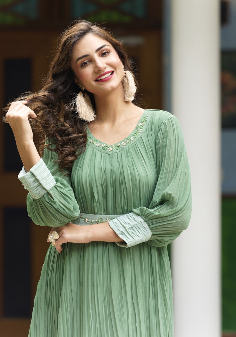 Shaded Georgette Sea green Dress Close View