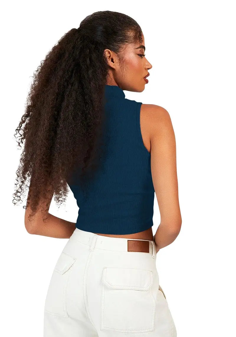 Chic Ribbed Mock Neck Designer Crop Top