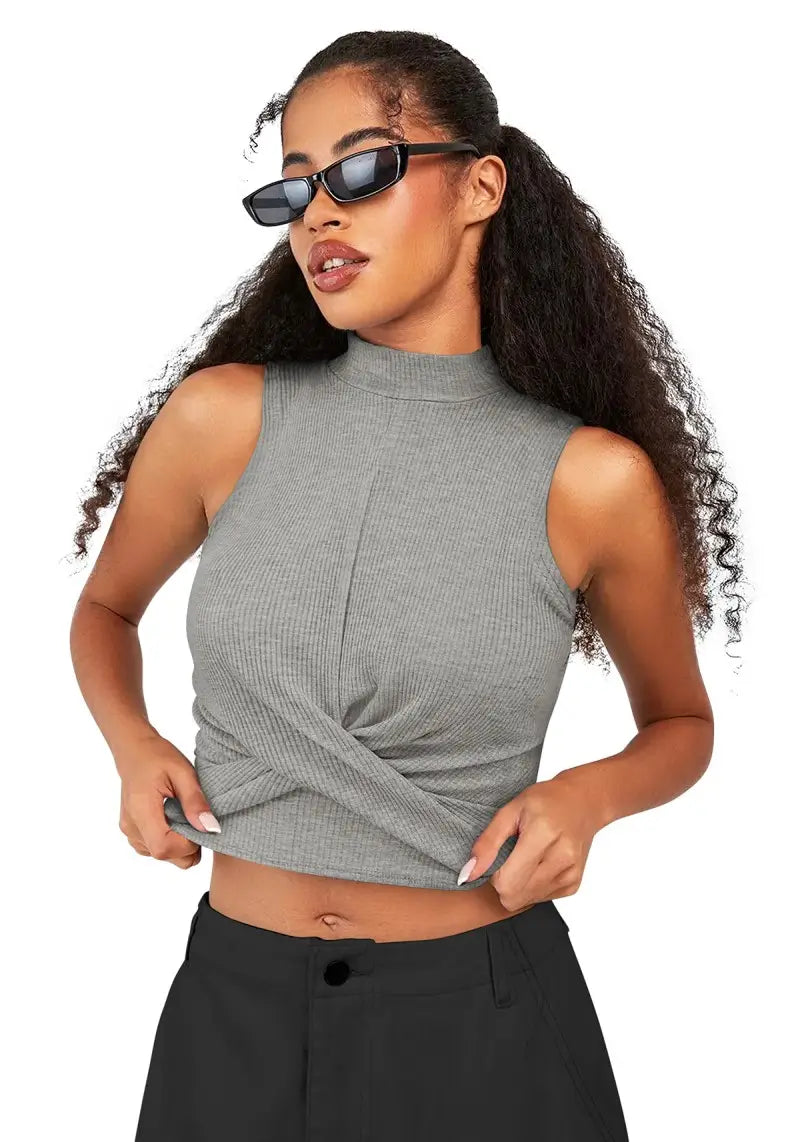 Chic Ribbed Mock Neck Designer Crop Top