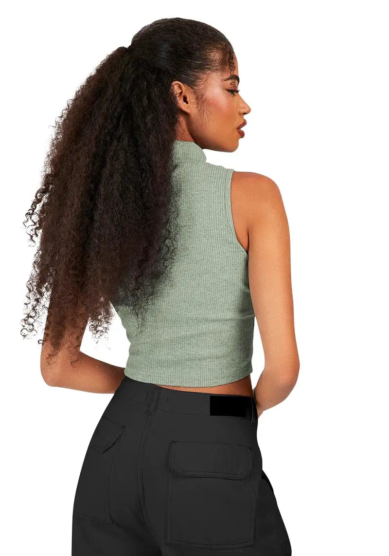 Chic Ribbed Mock Neck Designer Crop Top