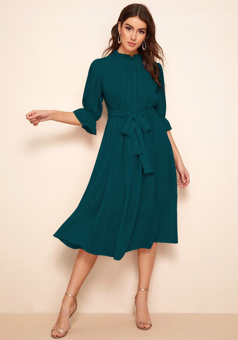 Chic Georgette Pleated Belted Dress with Designer Neckline