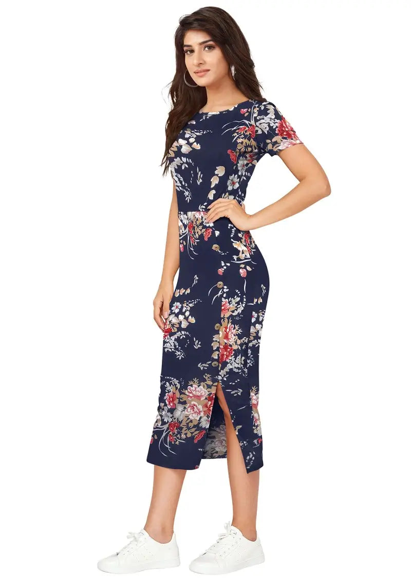 Enticing Blue Floral Printed Side-Slit Bodycon Dress
