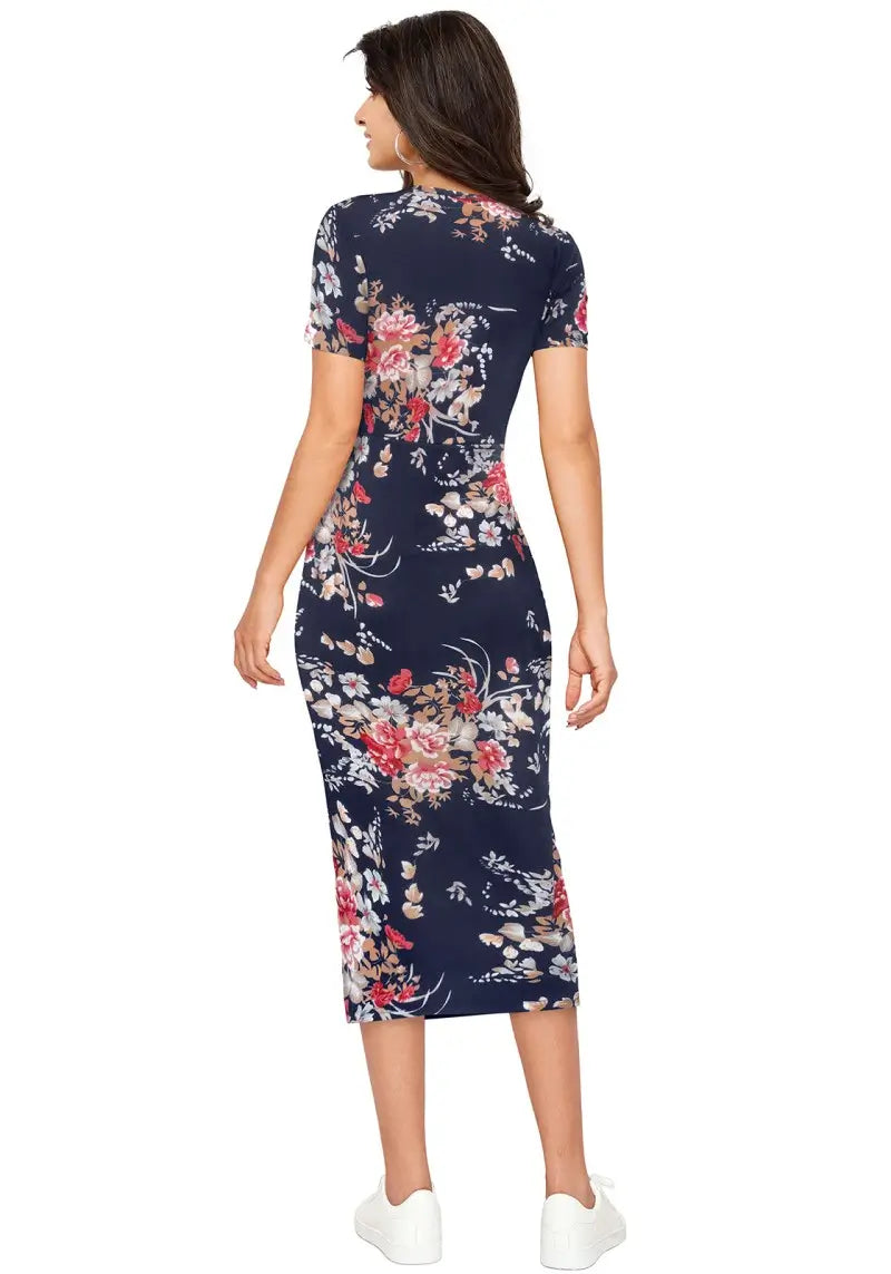Enticing Blue Floral Printed Side-Slit Bodycon Dress