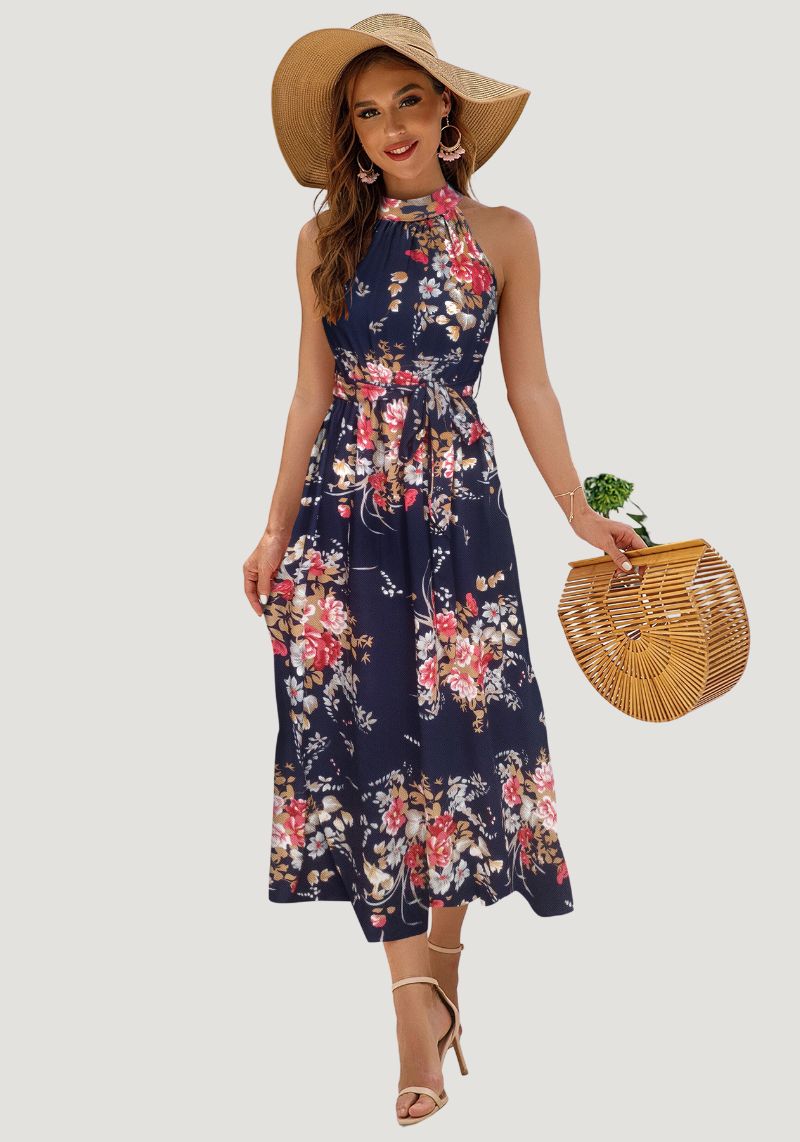 Blue Floral Printed Sleeveless Halter Neck One Piece Dress