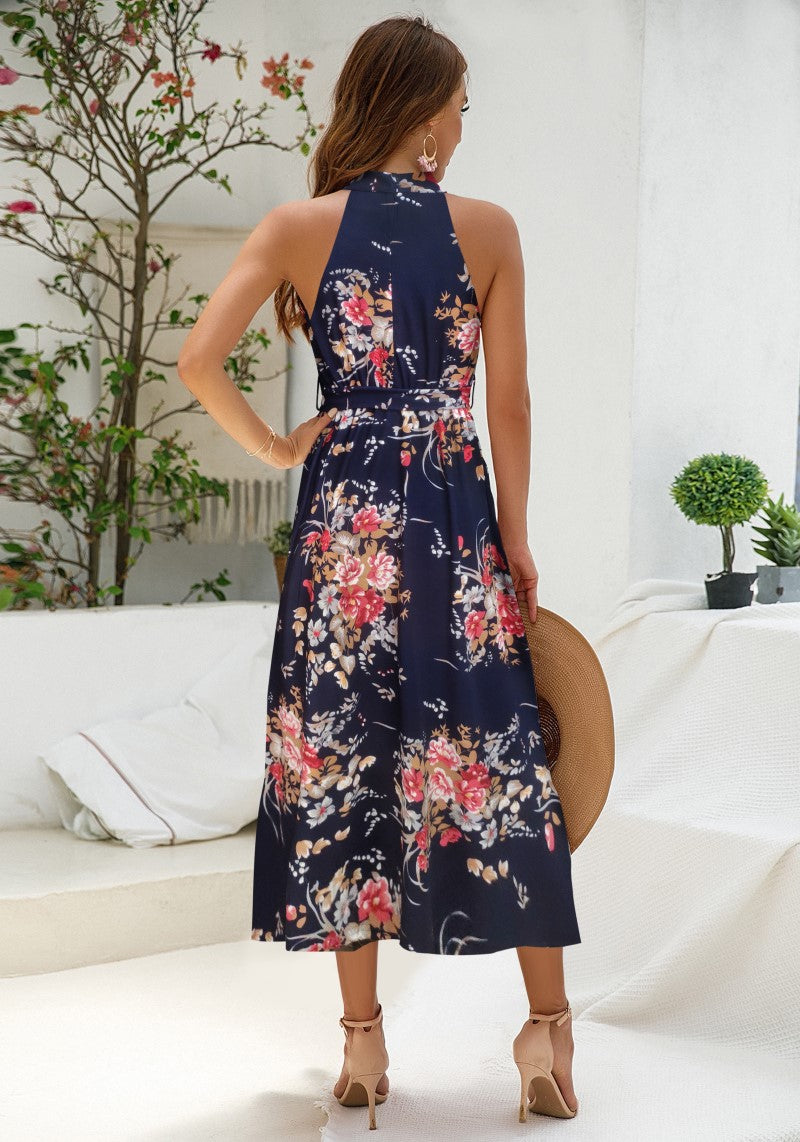 Blue Floral Printed Sleeveless Halter Neck One Piece Dress
