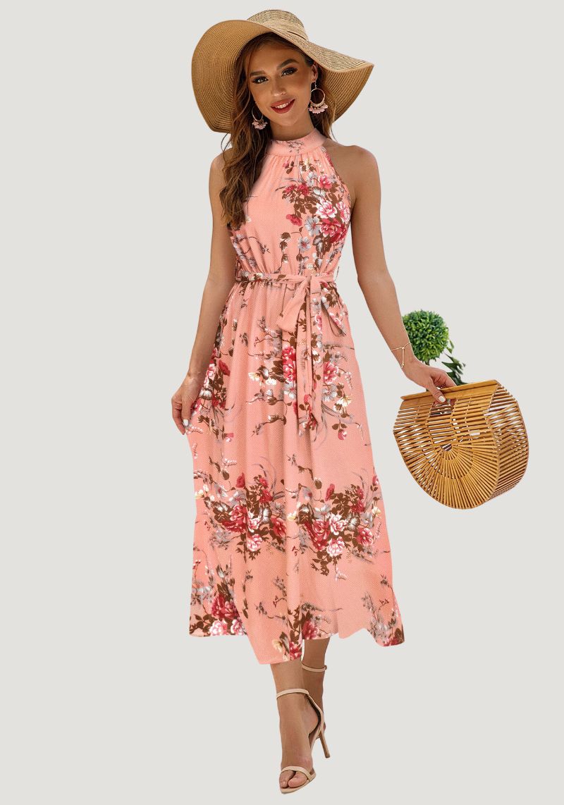 Pretty Peach Floral Printed Halter Neck One Piece Dress