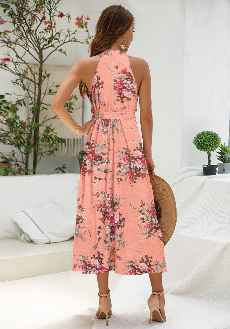 Pretty Peach Floral Printed Halter Neck One Piece Dress