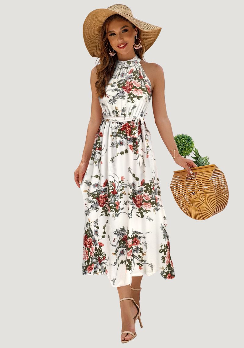 Floral Printed White Sleeveless Halter Neck One Piece Dress