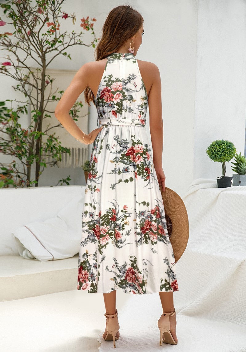 Floral Printed White Sleeveless Halter Neck One Piece Dress