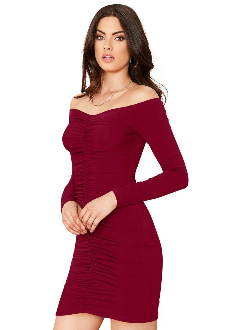 Cocktail Off Shoulder Ruched Bodycon Mini Dress